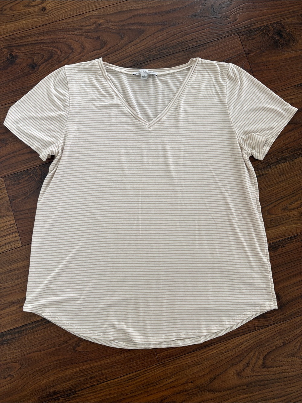 Green Envelope Cream and Beige Striped V-Neck Short Sleeve Top